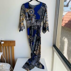 Elegant Blue and Gold Paisley Maxi Dress